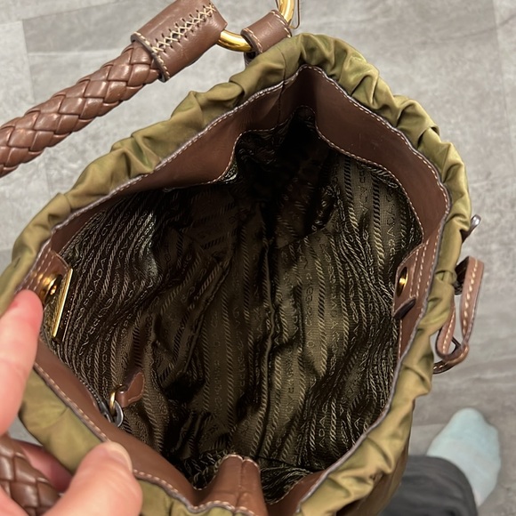 Vintage Prada Nylon Hobo Arm Bag | Olive Green Braided Handle Gold Hardware - Picture 4 of 10
